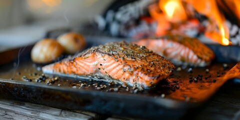 Wall Mural - a piece of salmon is being cooked on a grill with a fire in the background and some onions and garlic