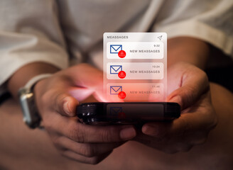 Poster - sms spam and fake text message phishing concept. system hacked warning alert, email hack, scam malwa