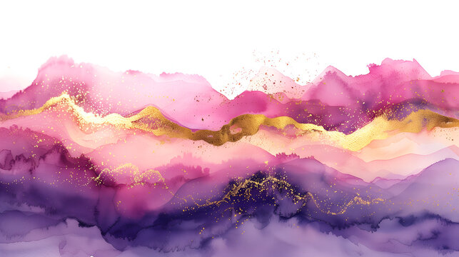 
alcohol ink with gold glitter, soft pink and purple color palette, white background, golden metallic details