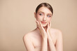 © kitthanes - Beautiful young woman with clean fresh skin on beige background, Face care, Facial treatment, Cosmetology, beauty and spa, women portrait.