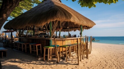 Sticker - beach bar located by the sea. This bar has a thatched roof and is surrounded by wooden chairs