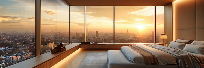 Wall Mural - Modern Living Room with Stylish Furniture, Large Windows, and a View of the Urban Landscape