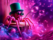 hyperrealist cartoon spider, vividly pink, elegantly attired in a top hat and a green beret, complete with a monocle, enveloped in a pink foggy atmosphere with glittering ambiance.