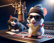 A cute white mouse in a recording studio. It is adorned with rapper-style attire, including a beanie, sunglasses, and gold chains. A black cat is seated at a mixing console in the background