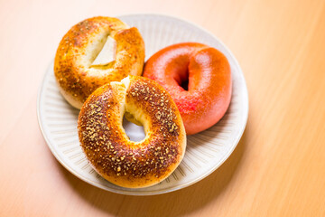 Assorted homemade bagel on the plate