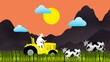 cow farm, tractor working in a green field, man farmer rides a tractor across the field plowing the land, farming concept, Tractor riding through sprawling field, corn field, agricultural business