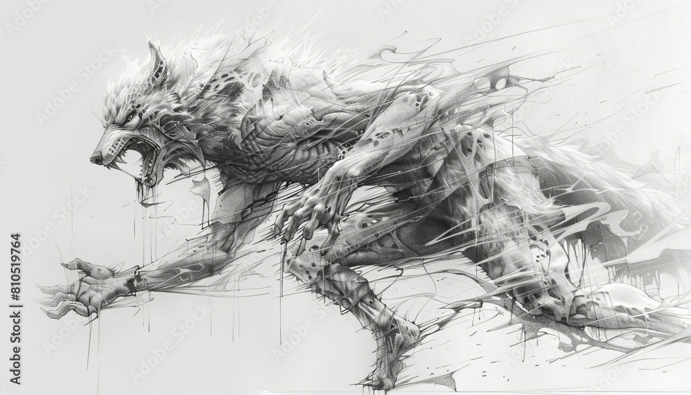 Capture the transformation of a man into a werewolf in a dynamic side ...
