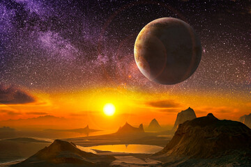 Alien landscape sunset wallpaper for desktop, fantasy world digital painting in horizontal, HD landscape background for pc and, 3d illustration