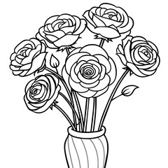 Ranunculus flower outline illustration coloring book page design, Ranunculus flower black and white line art drawing coloring book pages for children and adults