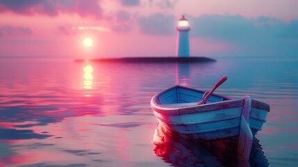 Poster - A boat in the water at sunset with a lighthouse.