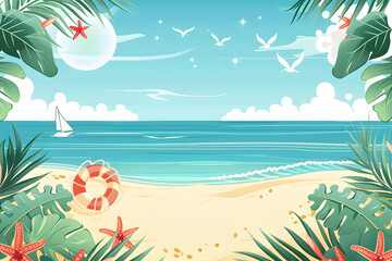 Wall Mural - Summer beach holidays vacation background in cartoon style.