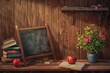 Teacher's Day display with an apple, books, chalkboard, and flowers on a wooden background.