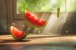 Levitating Sliced Watermelon on Cherry Wood Background, Highlighted by Subtle Backlight