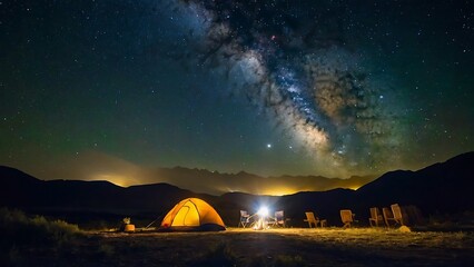 Wall Mural - Tourist tent in the mountains under the starry sky and milky way, Long exposure