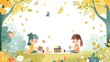 Two children sitting on a picnic blanket in the forest. In the background there are yellow flowers, green plants and trees. Butterflies fly around the children, and there are apples and a basket