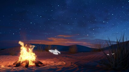 Wall Mural - starry sky with desert campfire fireplace. simple campfire. seamless looping overlay 4k virtual vide