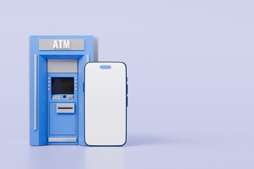 Poster - 3d ATM Machine with mobile smartphone icon isolated on blue background. Money transfer account online, E-business finance money payment service concept. Minimal 3d ATM money tranfer icon. 3d render.