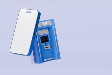 Poster - 3d ATM Machine with mobile smartphone icon isolated on blue background. Money transfer account online, E-business finance money payment service concept. Minimal 3d ATM money tranfer icon. 3d render.