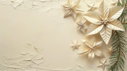 Wall Mural -   A Christmas card featuring white paper flowers and pine branches against a beige background; include space for a message or ornament