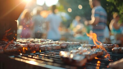 Wall Mural - Grill at Summer BBQ with People in Blurred Background. Concept Summer BBQ, Grilling Outdoors, Friends and Family, Food and Drink, Blurred Background