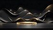 © Five Million Stocks - Gold black podium background 3D golden product line stage dark platform wave display. Design podium black luxury gold light scene pedestal presentation showcase event beauty shine object cosmetic