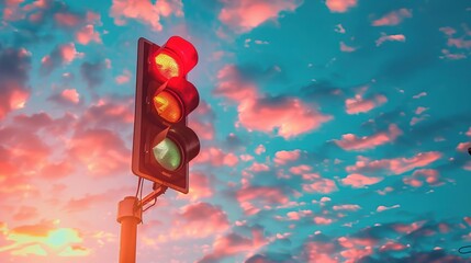 Traffic safety awareness stop sign concept with red light against a blue sky background.