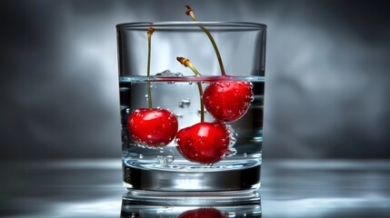 Wall Mural -   Three cherries in a clear glass filled with water and ice cubes, reflected on a dark surface