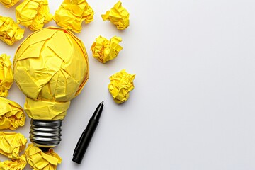 light bulb made of yellow paper crumpled sheets and black pen on white background, idea concept copy space banner template