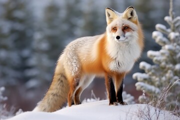 Wall Mural - Majestic red fox in snowy winter landscape