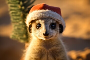 Sticker - cute meerkat wearing a santa hat