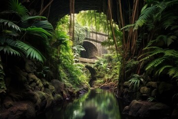 Sticker - Lush tropical forest landscape with ancient stone bridge