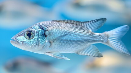 Wall Mural -   A detailed shot of a fish against a blue backdrop, with a hazy depiction of additional fish in the background