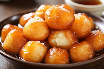 Wall Mural - Delicious golden fried dough balls with powdered sugar