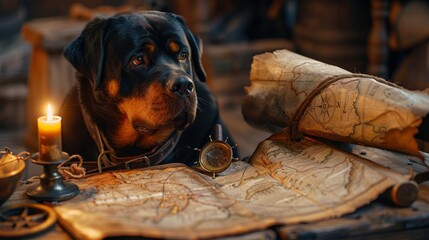 Wall Mural - A black dog is sitting on a table with a map and a candle