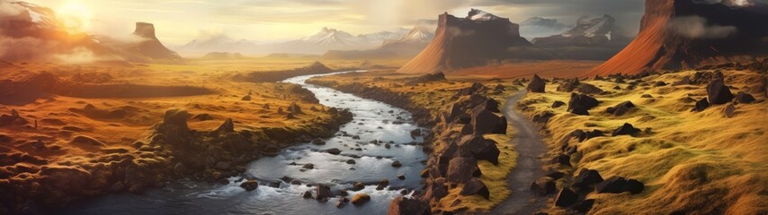 Poster - Majestic desert landscape with flowing river and rocky mountains