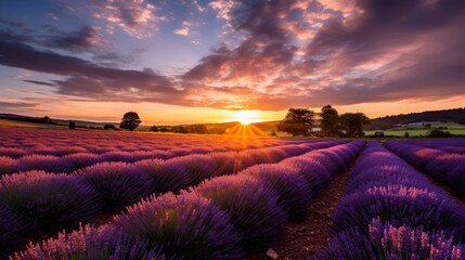 Wall Mural - Stunning sunset over a lavender field