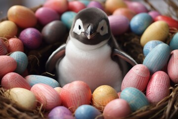 Poster - cute penguin surrounded by colorful easter eggs