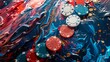 Colorful casino chips caught in a whirlwind on a dynamic abstract painted surface in shades of red and blue.