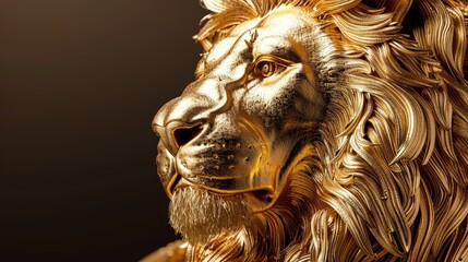 Wall Mural -   Close-up of a statuesque lion head with long manes and beard against a black backdrop