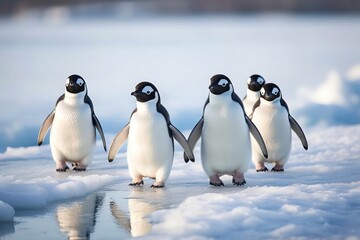 Poster - Group of Adorable Penguins on Icy Landscape