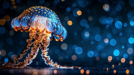 Wall Mural -   A tight shot of a jellyfish against a hazy backdrop of blue and yellow lights and bubbles