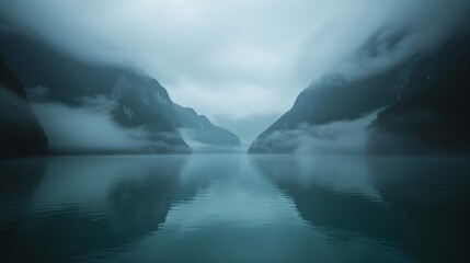 Wall Mural -   A vast expanse of water, surrounded by towering mountains shrouded in fog, with a thick layer of mist covering both the landscape and water's surface in the foreground