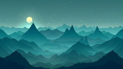 Wall Mural -   A nighttime view of a mountain range with a full moon rising above its peaks