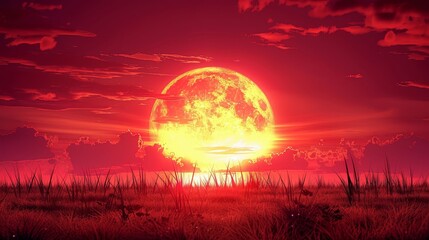 Wall Mural -   A red and yellow sunset with the sun at its zenith and the moon in the opposite half