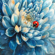 Artistic water painting style of Blue Chrysanthemum flower with ladybug in close up. Summer or spring time illustration. 