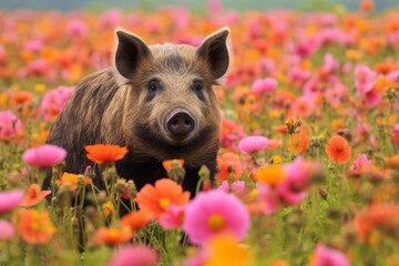 Wall Mural - Curious pig in colorful flower field