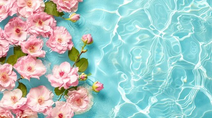 Wall Mural -   A cluster of pink blooms bobbing atop a water body, adjacent to a verdant, leafy plant suspended in the water's heart