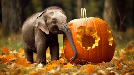 Sticker - Elephant and pumpkin in autumn leaves