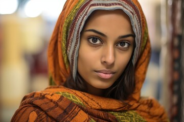 Canvas Print - Portrait of a woman with a colorful headscarf