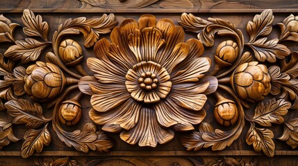 Sticker - Elaborate wooden carving depicting a symmetrical floral motif with fine lines and aged patina.